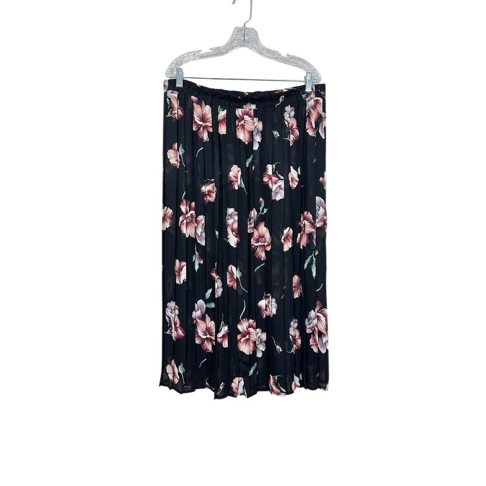 Sag Harbor Grunge 90s XL Sheer Black Floral Pleated Chiffon Pull On Midi Skirt